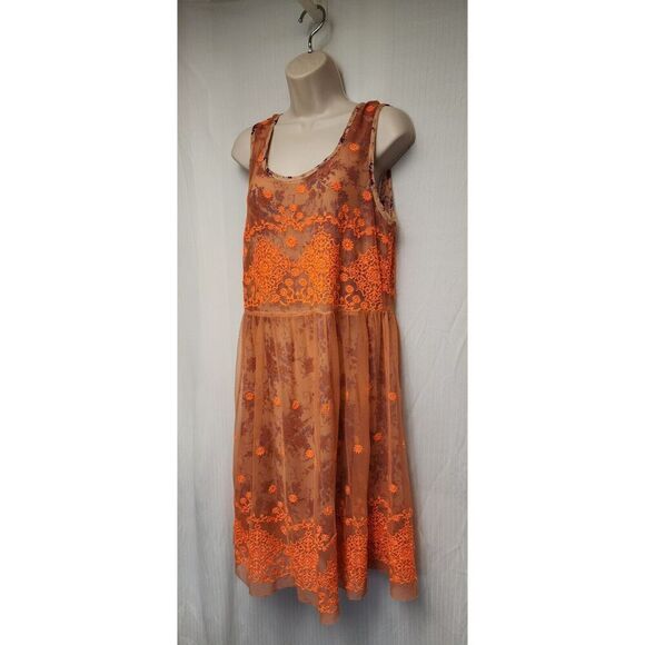 Anthropologie Uncle Frank Embroidered Mesh Overlay Neon Orange Floral Dress Sz M - Picture 3 of 8